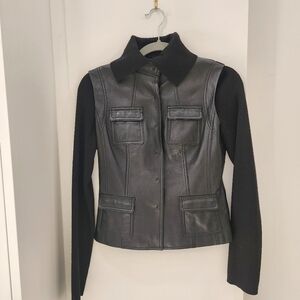 Elie Tahari Women's Black Genuine Leather Jacket with Knit Sleeves Size XS